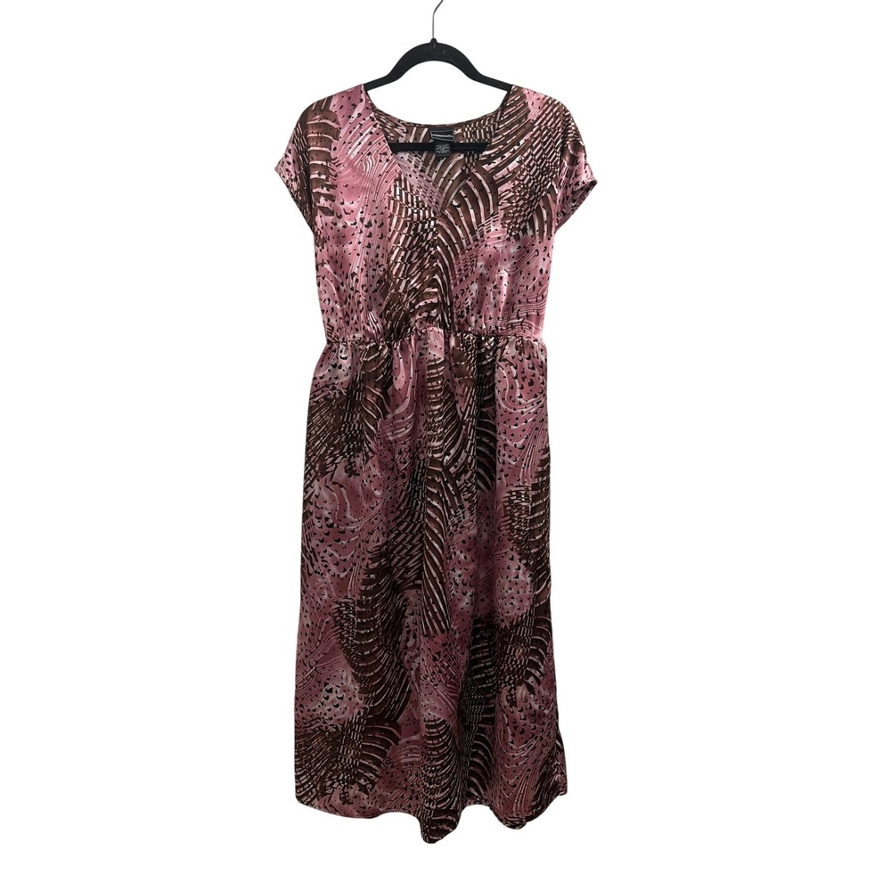 Maxi Dress Abstract Animal Print Y2K Bobbie Brooks Womens M Pink Brown Satin Tie